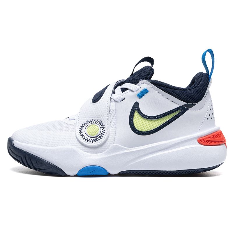 Nike Children's TEAM HUSTLE D 11 (PS) Basic Model DV8994-105-White/Lemon Yellow/Deep Red/Light Clea