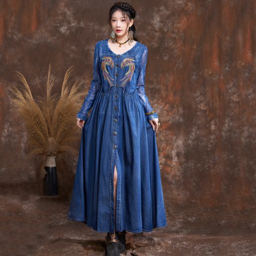 Spring Summer 2026 New Vintage Embroidered Cardigan Dress Slim Fit Single  Neck Strap Denim Dress | Color : Blue | Size : M
