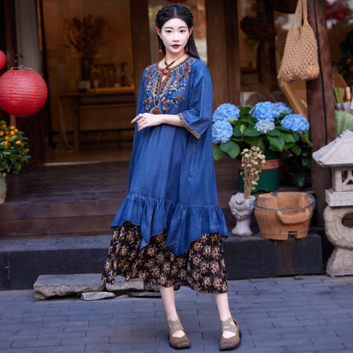 Spring 2026 New Elegant Patchwork Lotus Leaf Dress Vintage Embroidered  Quintuple Sleeve Denim Long | Color : Blue | Size : L