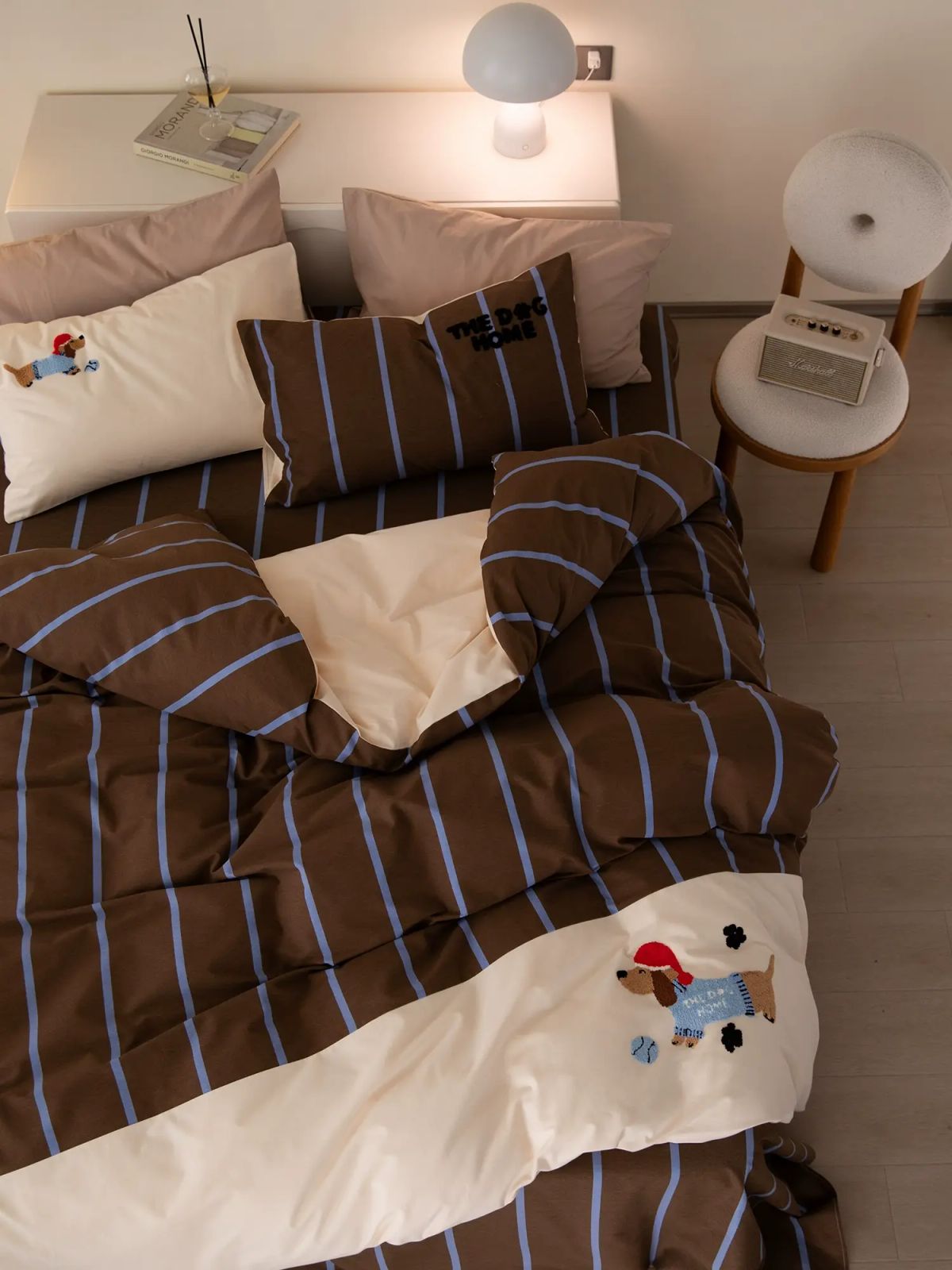 秋冬款卡通條紋格子加厚全棉磨毛四件套純棉可愛床單被套床笠床品全棉磨毛繡花（拼接款-心動小狗）1.2米床三件套床單款（適用被芯150*200cm ）