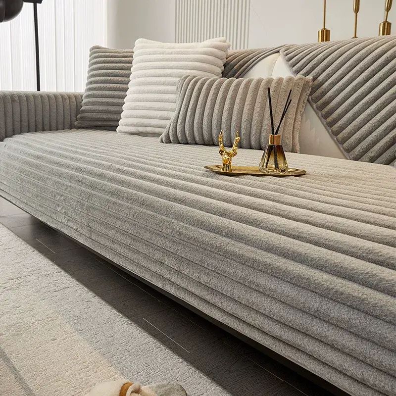 冬季加厚兔毛绒沙发垫防滑坐垫子实木皮轻奢高档沙发套罩