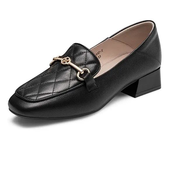 马衔扣真皮乐福鞋女粗跟2025春秋季新款方头中跟深口单鞋英伦皮鞋