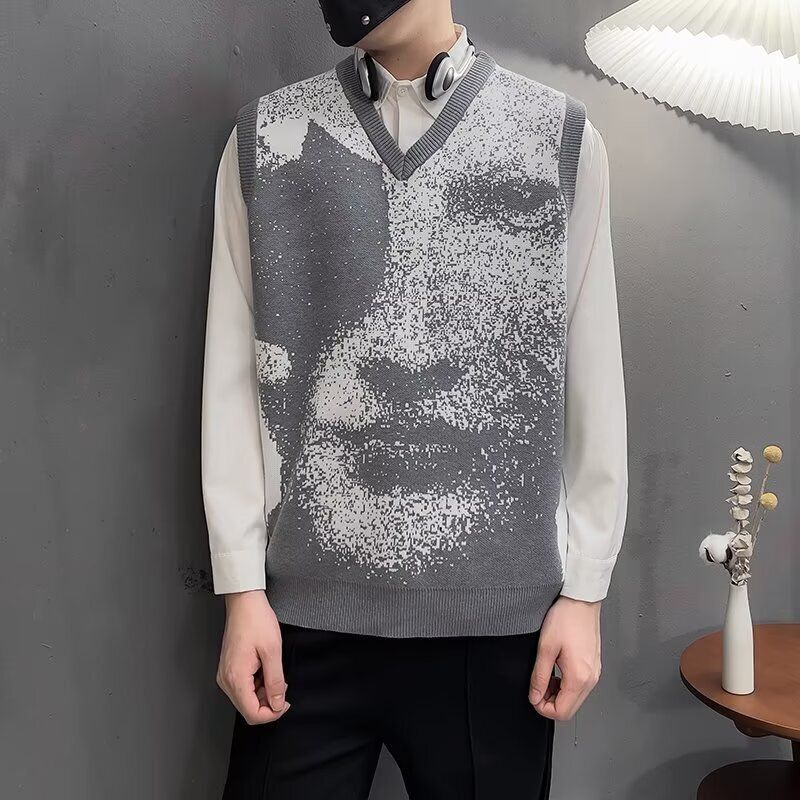 2025春季港风潮流针织衫男bf情侣学院风毛织背心无袖坎肩马甲-灰色 L