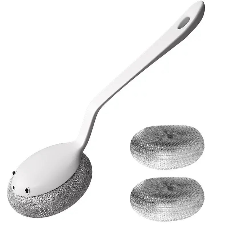 Pot brush with handle, cleaning brush, kitchen cleaning brush, cleaning ball, steel wool ball, long-