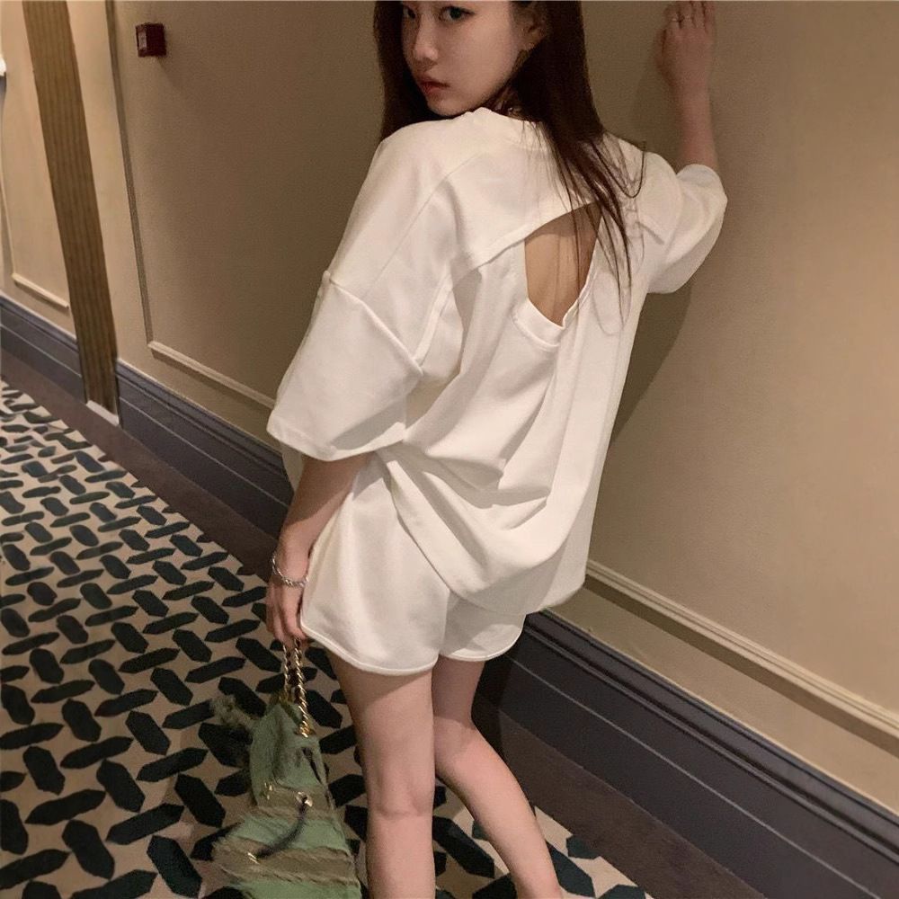 運動套裝女裝夏季短袖短褲兩件套 韓版休閒跑步服裝 學生時尚- 玫紅色 M