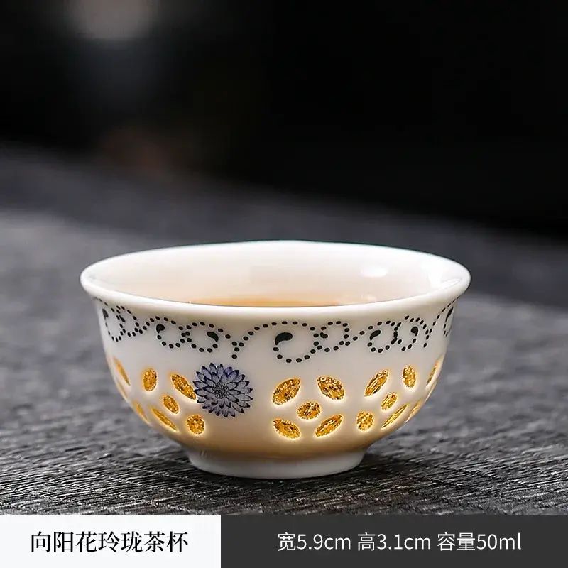 Ceramic tea cup and bowl, white porcelain single tasting cup, host cup, hollow tea brewing cup