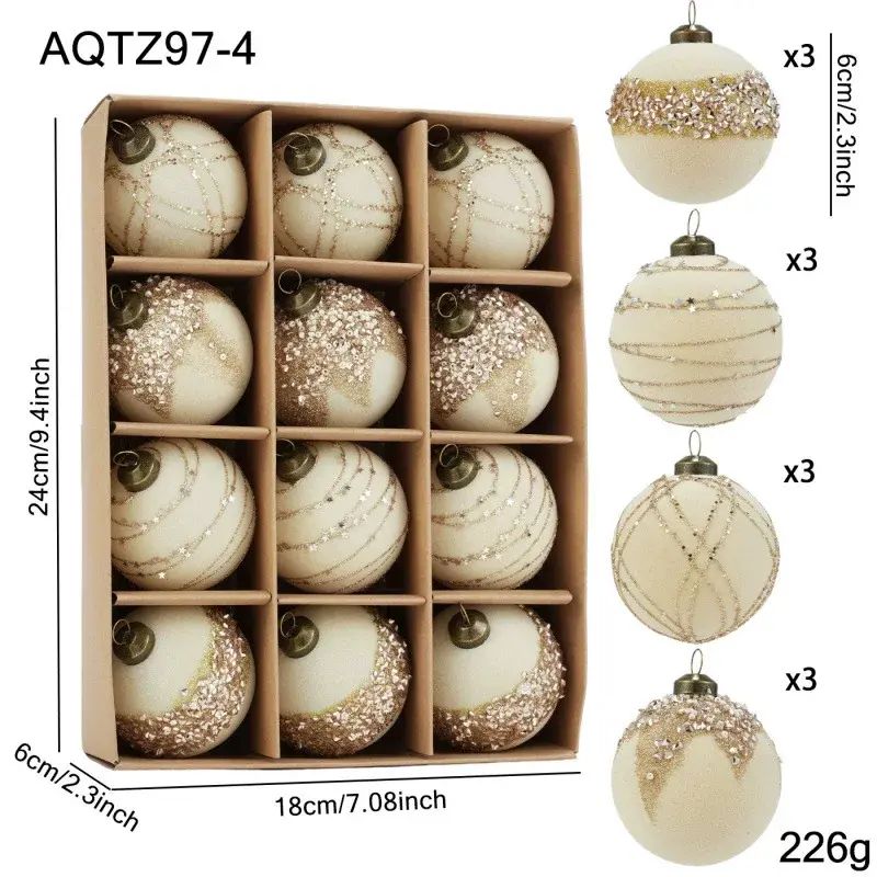 新品8CM/6CM塑料植绒粘粉金粉轻奢圣诞球彩色吊球圣诞树挂件装饰
