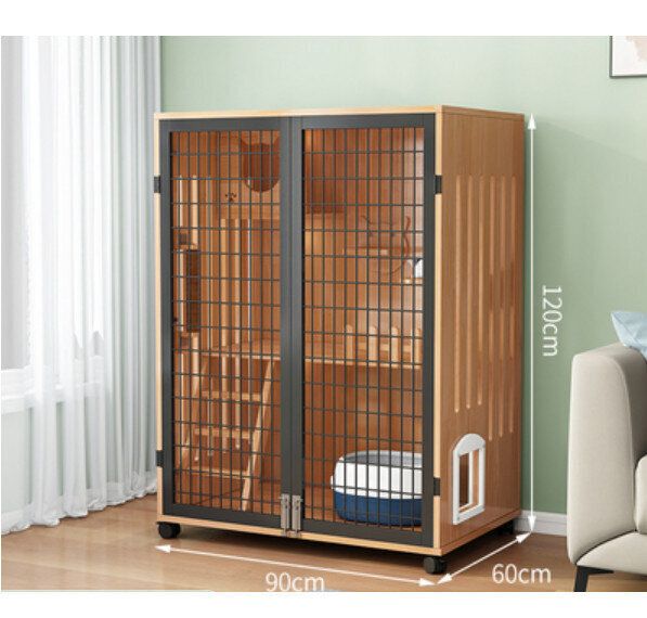 實木室內兩層貓屋（清漆【鐵網門】含側門洞+貓抓柱）【尺寸：120*90*60cm】