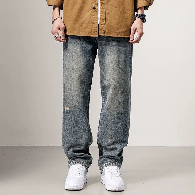 高街時尚休閒牛仔褲破洞長褲時尚男新款美式復古水洗直筒褲子潮牌