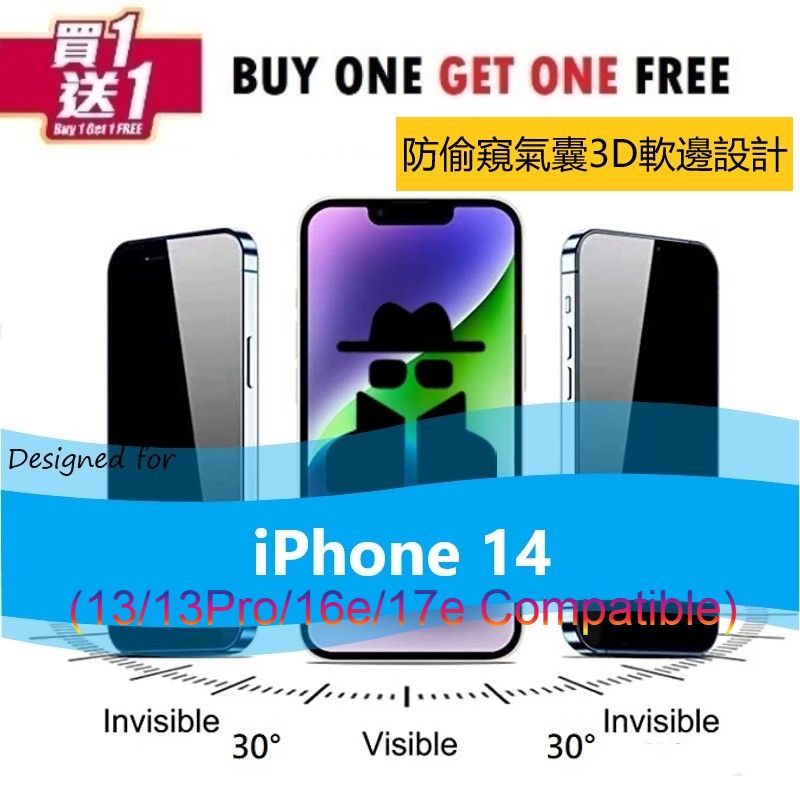 Buy one Get one free Apple iPhone 14  6.1" (13/13Pro/16e/17e) True Privacy 9H 3D Curved Soft Edge 