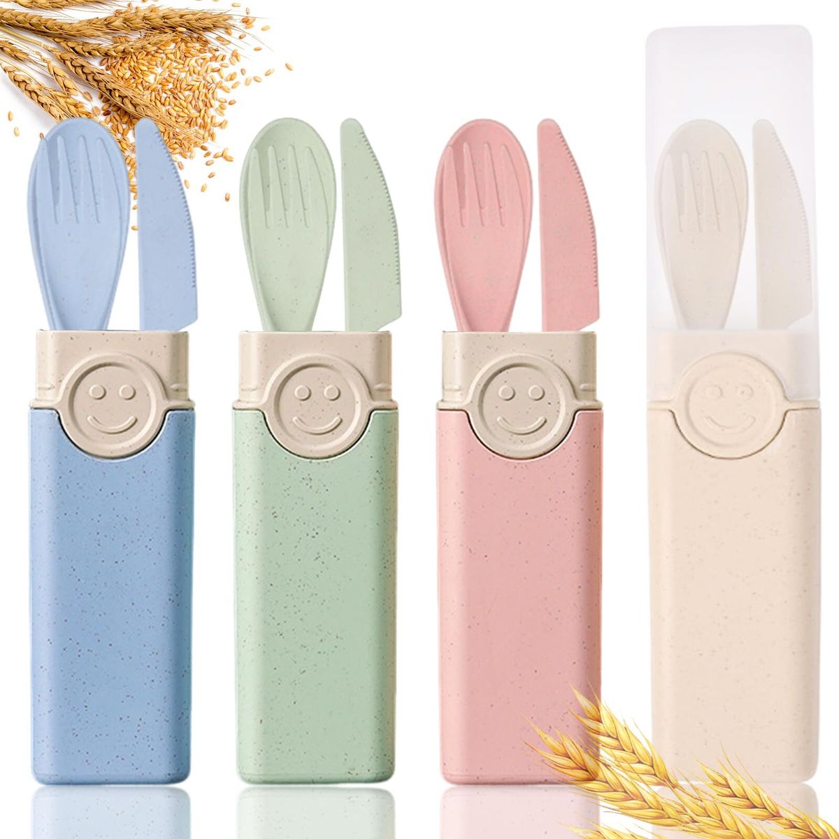 4件套便携式餐具- 4 套麦秆餐具，附盒旅行餐具套装，可重复使用汤匙刀叉，适合儿童成人旅行野餐露营