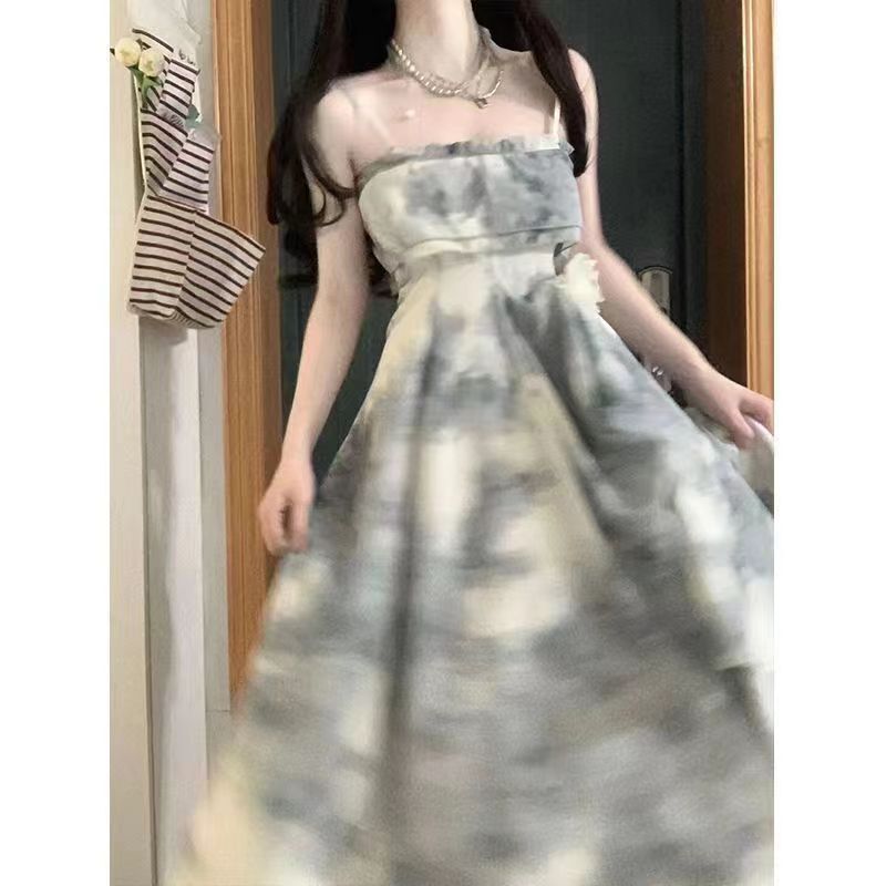溫柔風水墨暈染吊帶裙套裝女夏薄防曬開衫茶歇法式連身裙- 防曬開衫 S