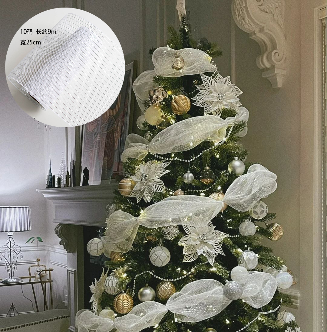 Merry Christmas圣诞树装饰丝带彩带网纱珍珠链diy场景布置网纱蝴蝶结挂件纱带