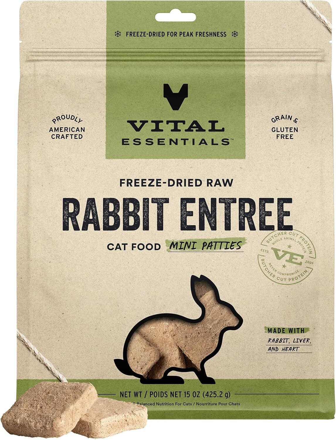 Freeze-Dried Raw Rabbit Entree Mini Patties Cat Food 15oz Exp.Date Nov/2026