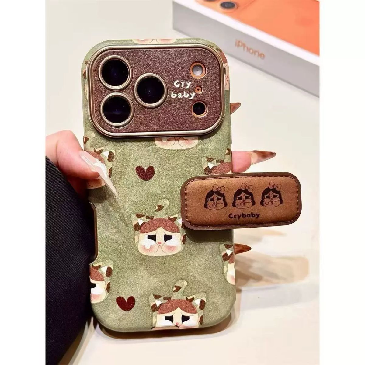 秋冬皮质大视窗哭娃折叠支架适用iPhone17promax苹果16手机壳15女