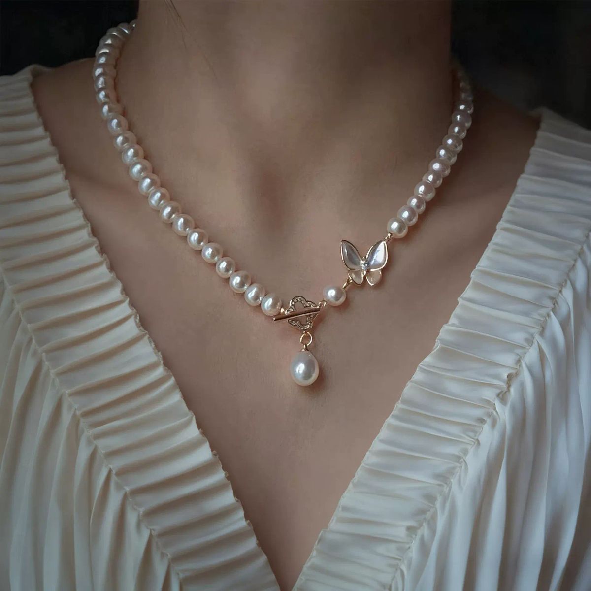 Natural freshwater pearl nearly round sweater chain 14k gold-filled sweet necklace women's pendant 