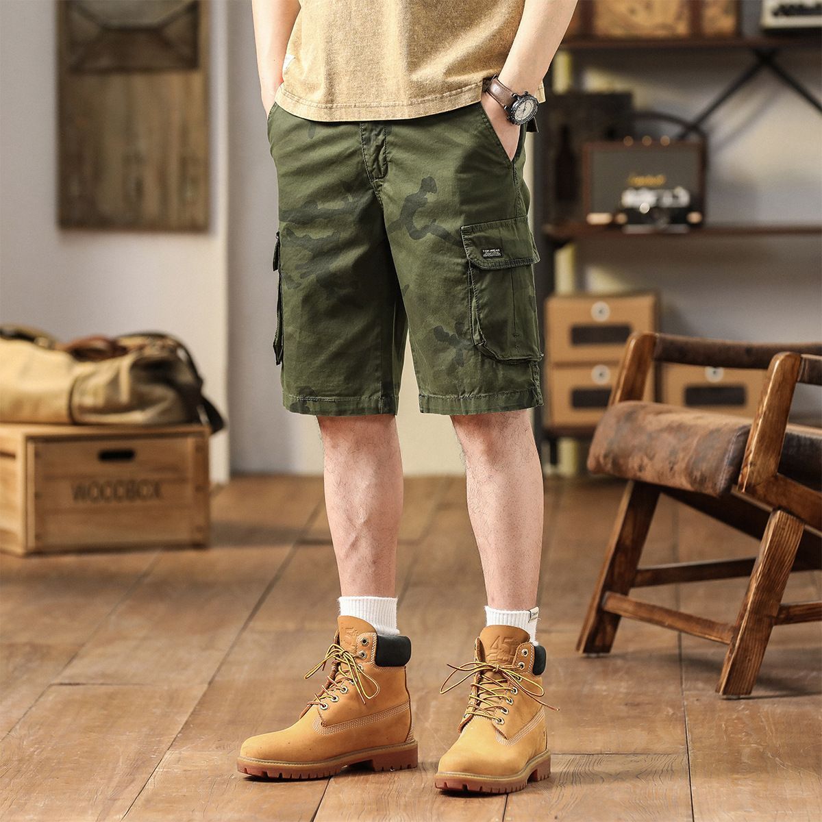 Summer thin casual shorts straight leg multi pocket work pants five quarter camouflage men's pants