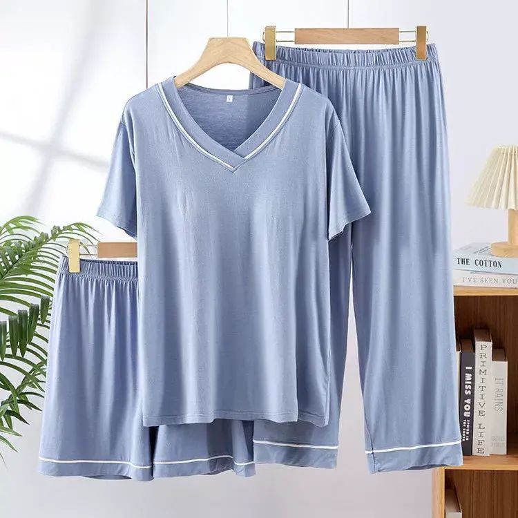 睡衣女帶胸墊新款夏季薄款寬鬆短袖七分褲三件套家居服套裝