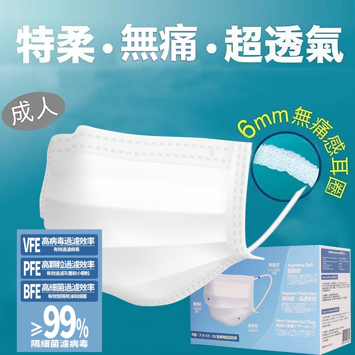 [Individually Packed 50 Pieces] Extra Soft, Hypoallergenic, and Super Breathable Adult Face Mask
