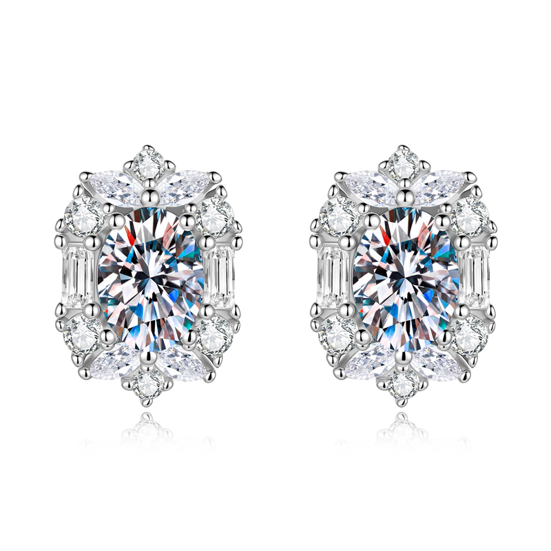 New Snowflake Oval Moissanite Silver Stud Earrings
