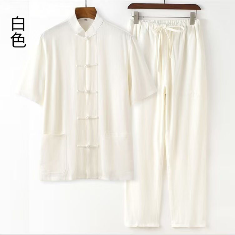 Men's 2025 Spring Cotton Linen Tangzhuang Chinese Long-Sleeve Set Ethnic Styl-White suit M