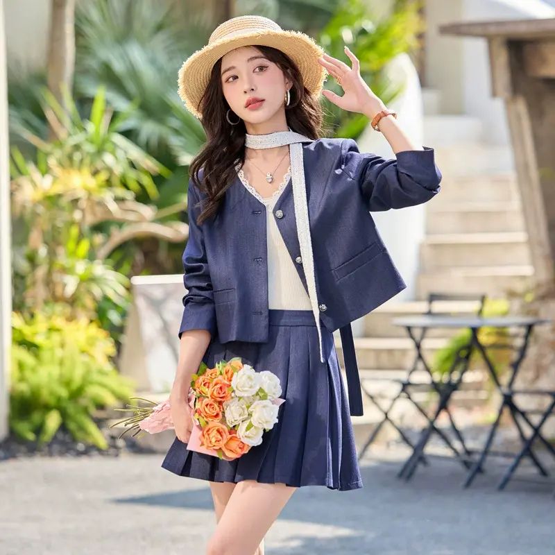 時尚休閒套裝2026春季新款女裝飄帶領外套半裙兩件套裙子YJ8526
