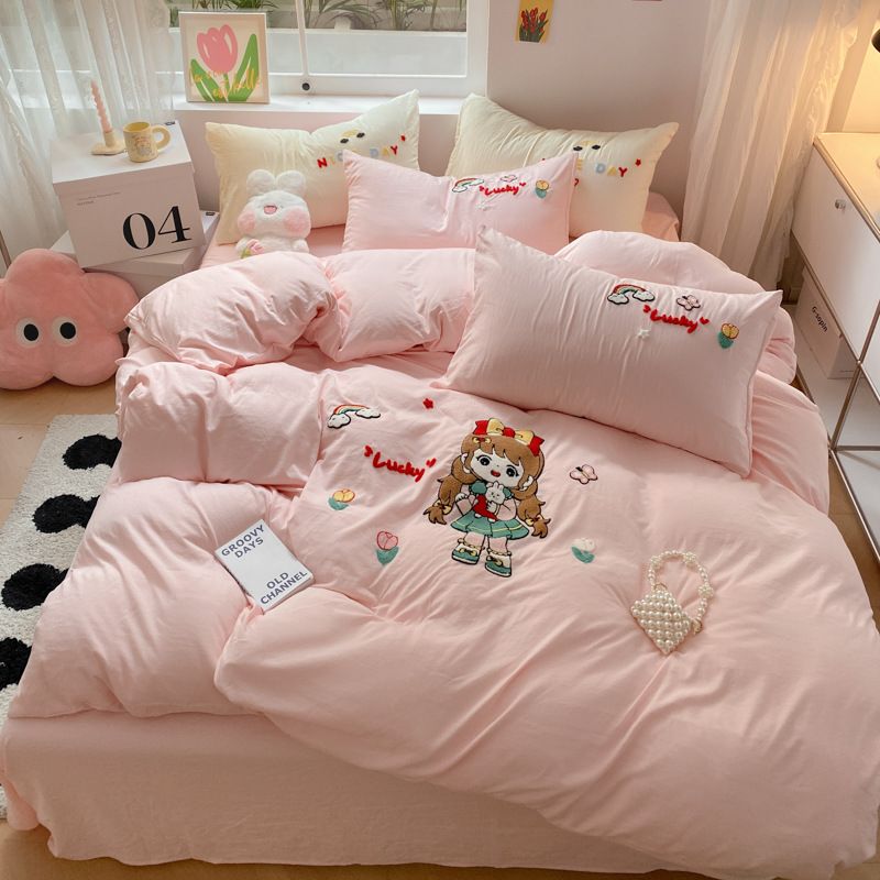 彩虹女孩 超柔水洗棉四件套|毛巾繡四件套|純色少女心被套床單|床單款四件套|床笠款四件套|床單/床笠x1、被套x1、枕套x2（LCA459）