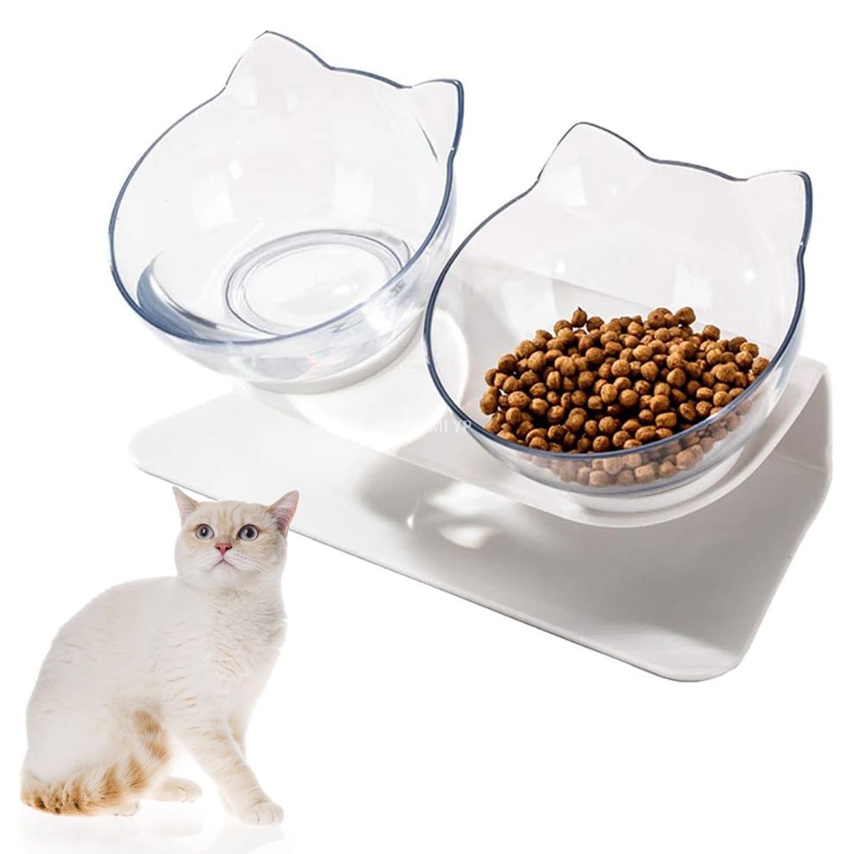 ASINS双碗宠物喂食器，猫用抬高15°斜面双碗，透明脖子保护碗，适用于小型犬和猫的饮食双碗喂食器-透色