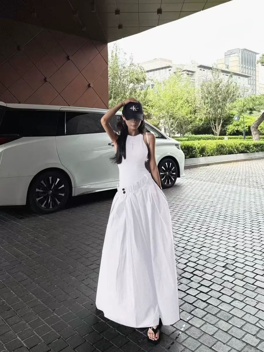 New style design  fake two piece gray vest dress  women s summer waist  slimming  big swing skirt  