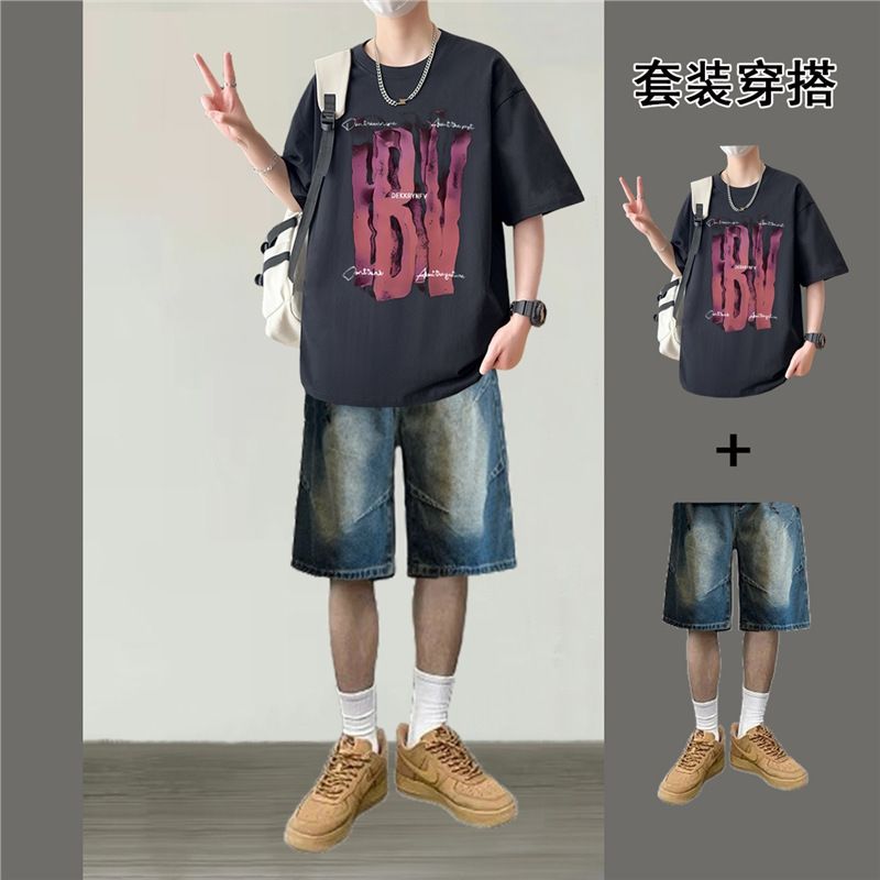 美式潮牌T恤短褲套裝 男裝夏季時尚休閒衫褲 青少年潮流穿搭- 白色【單件T恤】 S