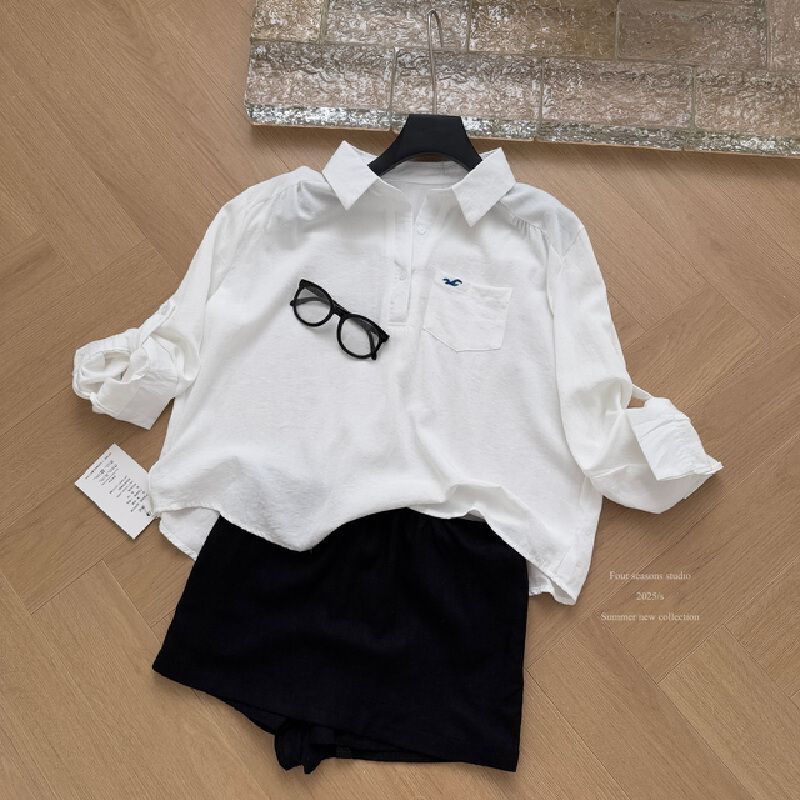Women's Autumn Linen Tencel POLO Collar Shirt with Ramie Stretch Waist Skirt Set to -Shirt + Skirt S