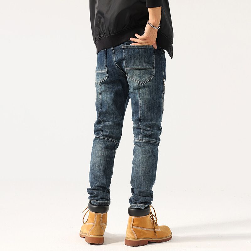 欧美机车牛仔裤男修身弹力小脚裤骑行紧身长裤子青年个性男裤潮牌