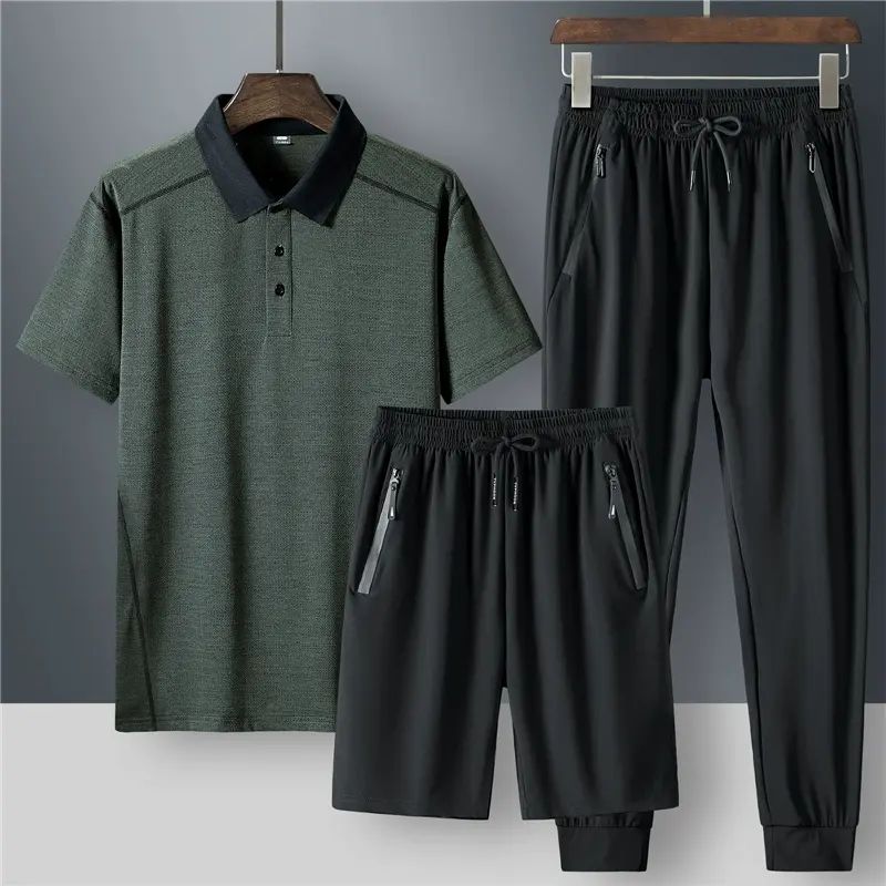 旦宾爸爸装夏装套装中老年人男士冰丝薄款短袖速干运动休闲两件套