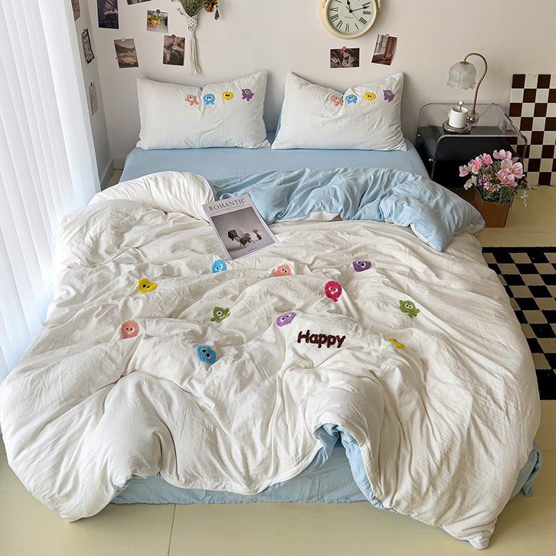 Small Monster Towel Embroidered Four Piece Set | Washed Cloud Cotton Bed Sheet And Quilt Set（LCA486）