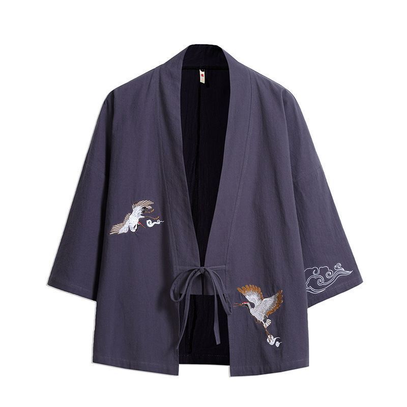 Summer Chinese-style men's clothing retro crane embroidery Hanfu Japanese-style lo-black M