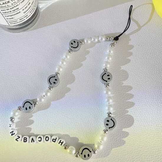手機掛繩【白珍珠銀色笑臉【手機鏈】#Q901007612