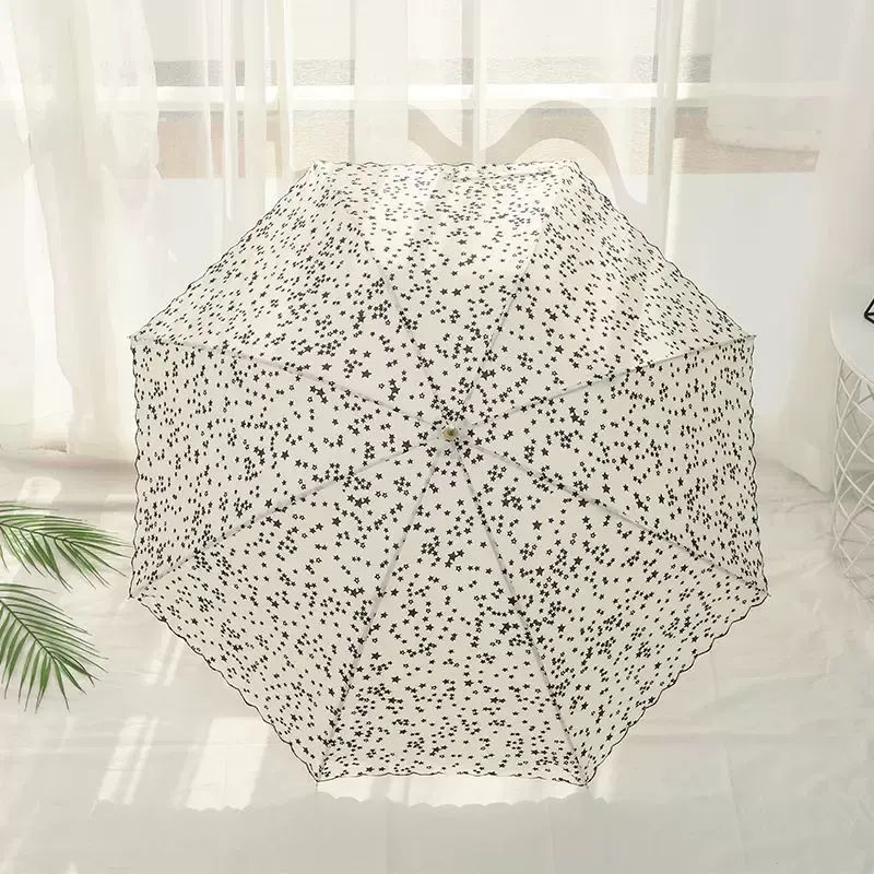 Small fresh star embroidered edge long handle umbrella women's arched manual hook umbrella windproo