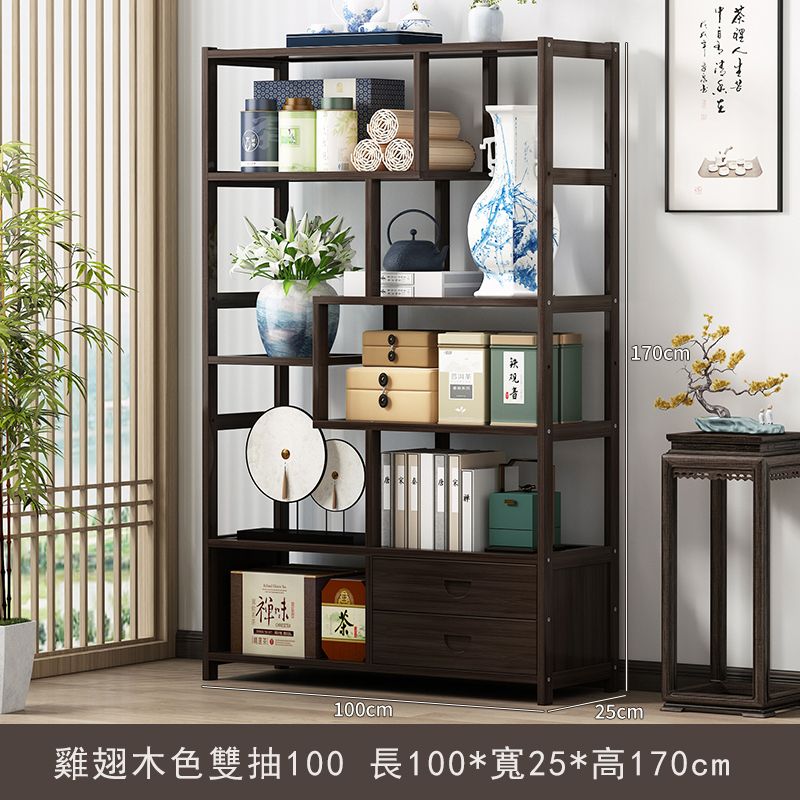 楠竹實木傢俱 中式酒櫃 玄關櫃 古董櫃 書架 【6層100cm+帶抽屜款】胡桃色