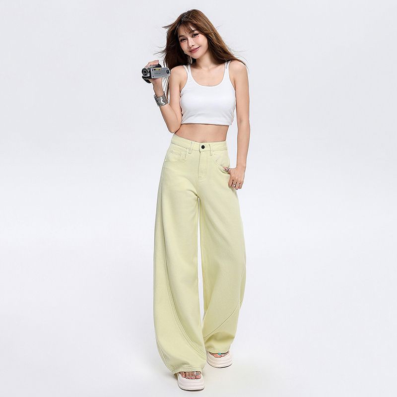 秋季時尚高腰闊腿褲 淺色拖地牛仔褲 女裝休閒褲 設計感顯瘦- 深藍色長褲 M