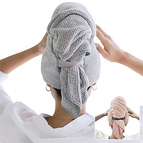 超细纤维干发巾 2 件装 - 超细纤维干发巾、超吸水浴帽、超快速干发、带纽带扣的干发巾