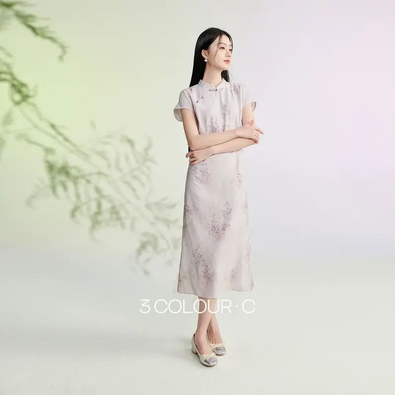 巧笑嫣然三彩2026夏季新款印花企領收腰連身裙新中式長裙C-丁香紫花卉 155/80A/S