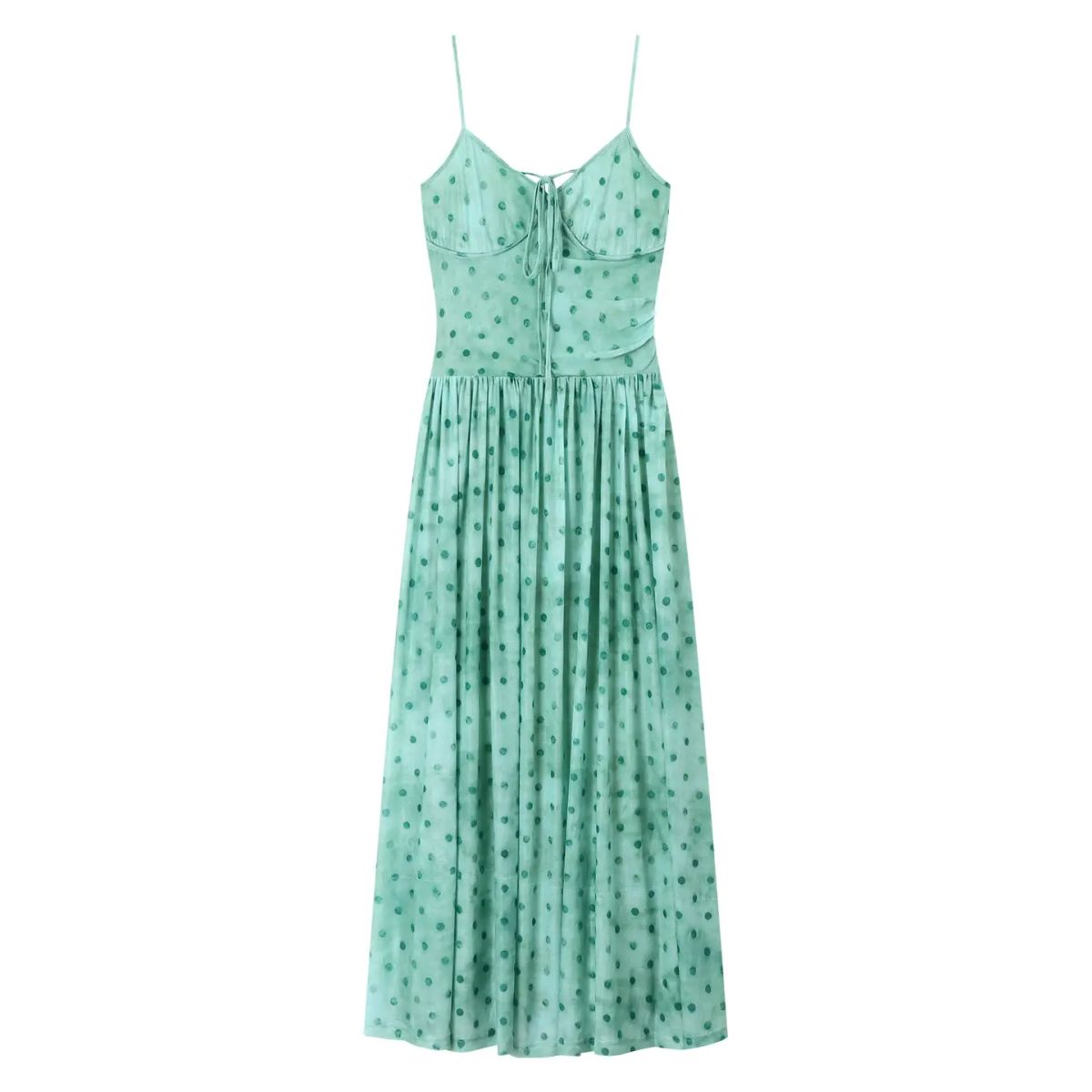 French polka dot green suspender dress  women s summer temperament  hanging waist  A line skirt  se