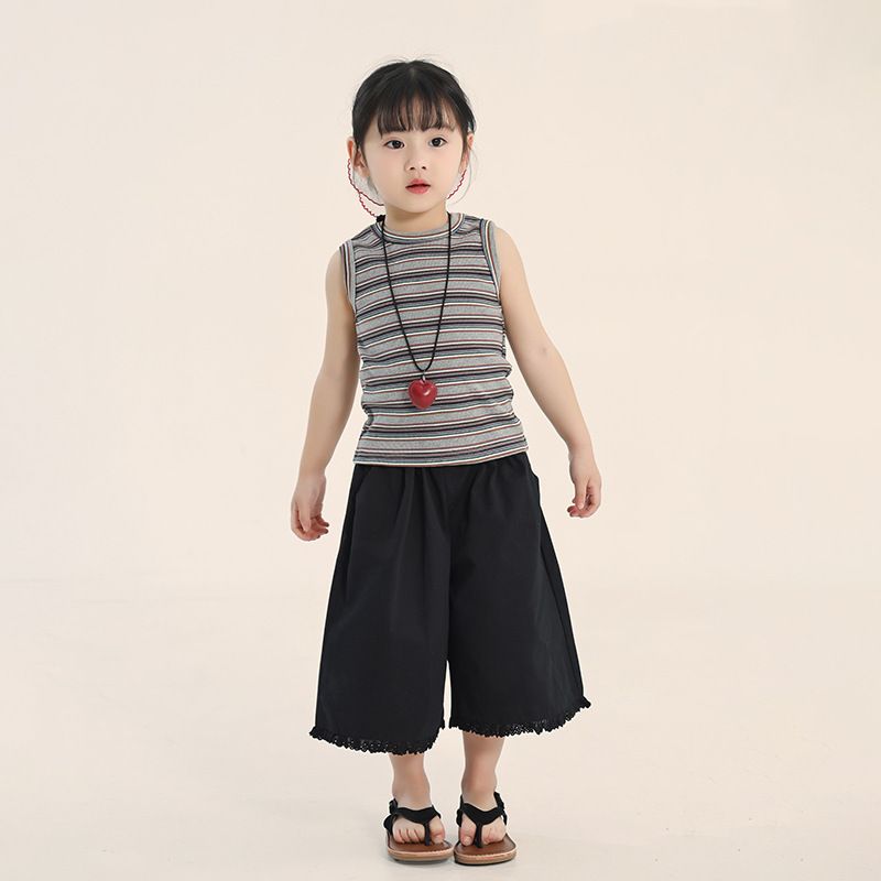 畅果童装女童套装夏装儿童新款条纹背心七分裤两件套中小童女孩