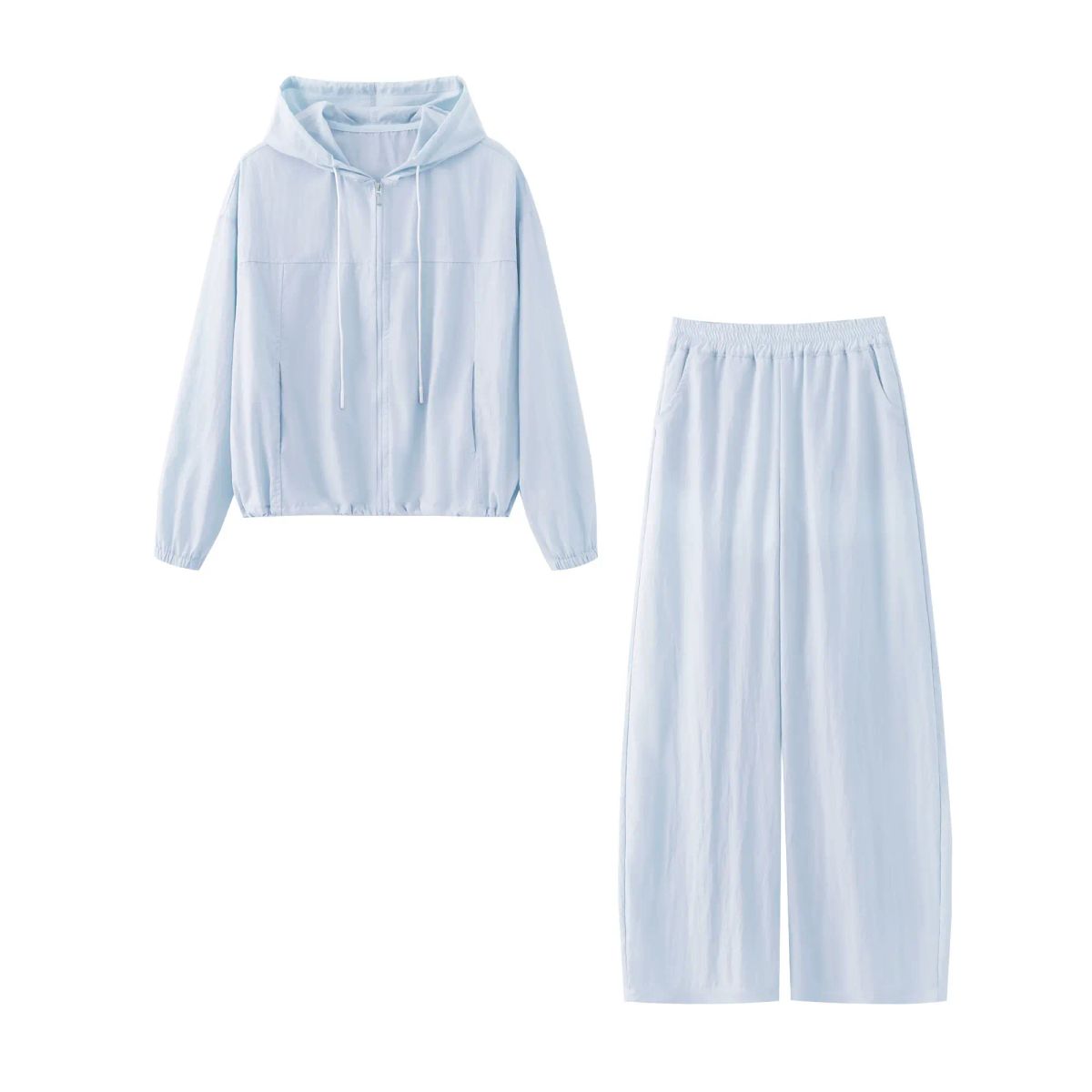 依凡芙休閒運動風防曬服連帽套裝拉鏈大褸闊腿褲兩件套女夏季顯瘦-藍色 S