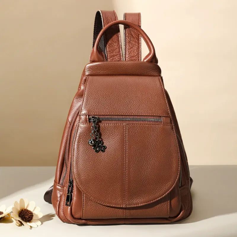 头层牛皮女士背包高级感真皮女通勤百搭休闲盖头双肩包