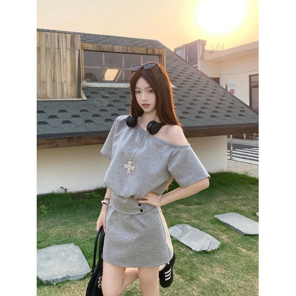 韩风时尚辣妹斜肩短袖上衣2025夏季高腰显瘦优雅半身裙两件套-灰色上衣+半身裙 M