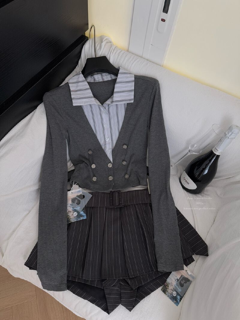 凡凡晚風裡高智感假兩件修身針織上衣 條紋拼接短款長袖女裝- 假兩件上衣 M