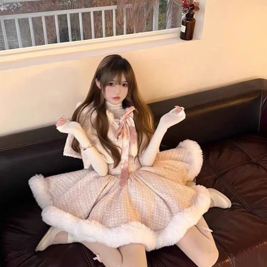 秋冬必備可愛連帽毛絨外套配收腰格仔裙套裝 女生減齡穿搭- 兩件套 S