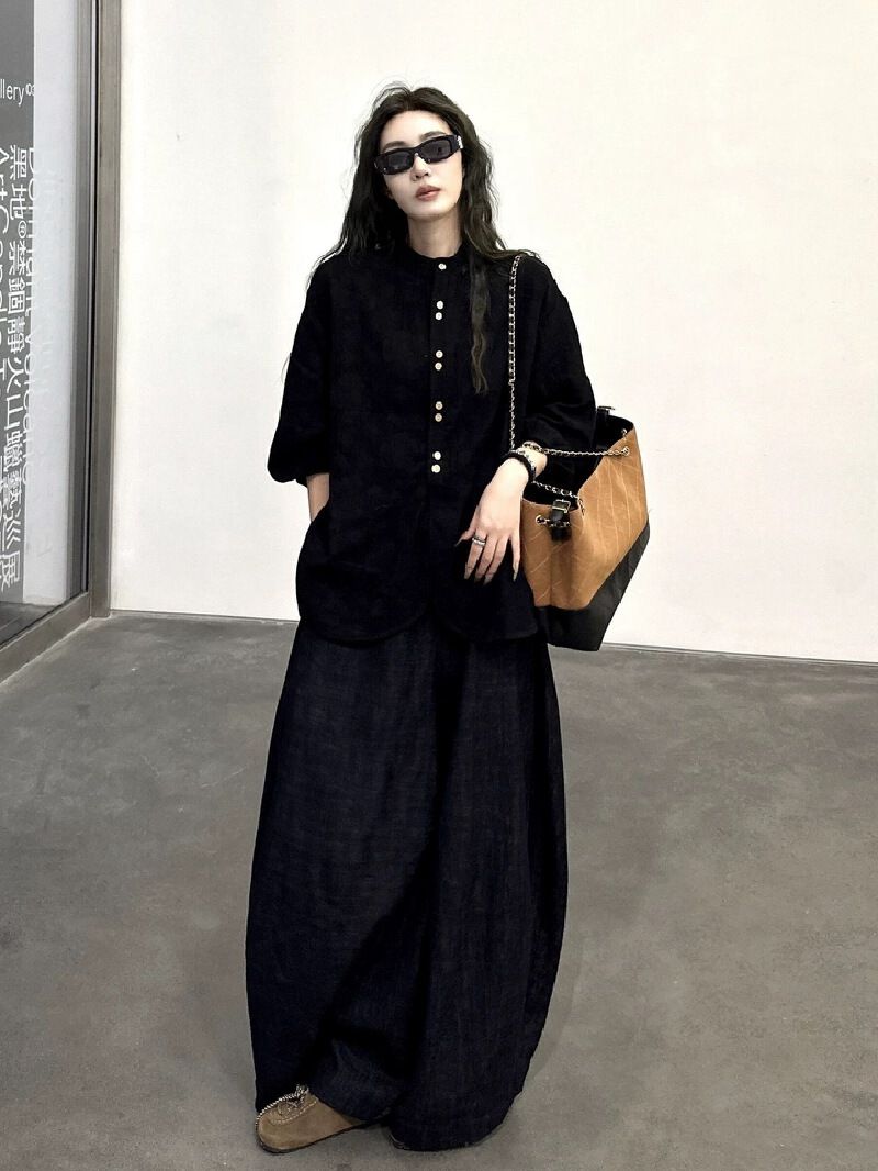 時尚休閒套裝女裝 秋裝上衣闊腿褲 慵懶風穿搭OOTD- 黑色襯衣 S
