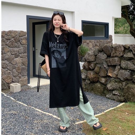 Shipped from Mainland | Korean-style casual minimalist Korean-version  personalized T-shirt dress loose sl-black M | Category (1) :  | Category  (2) : m | HKTVmall The Largest HK Shopping Platform